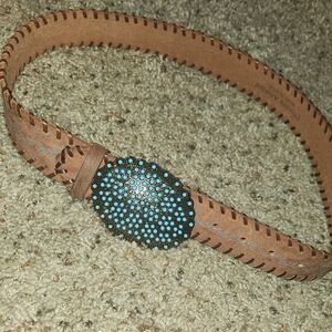 Streets Ahead Brown Leather Belt with Turquoise-Studded Oval Buckle